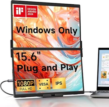 JSAUX PM0207 FlipGo Lite 15.6″ Portable Dual Stacked Monitor, 1080P FHD IPS Laptop Screen Extender with Built-in Hub, Magnetic Design, No Driver Required, One Cable for Triple Monitor Setup (Windows Only)