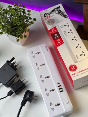 Energizer Max Power Strip 10A with Smart overload protection surge 5Output and 3 ports QC18w USB A And PD20w/2500w White